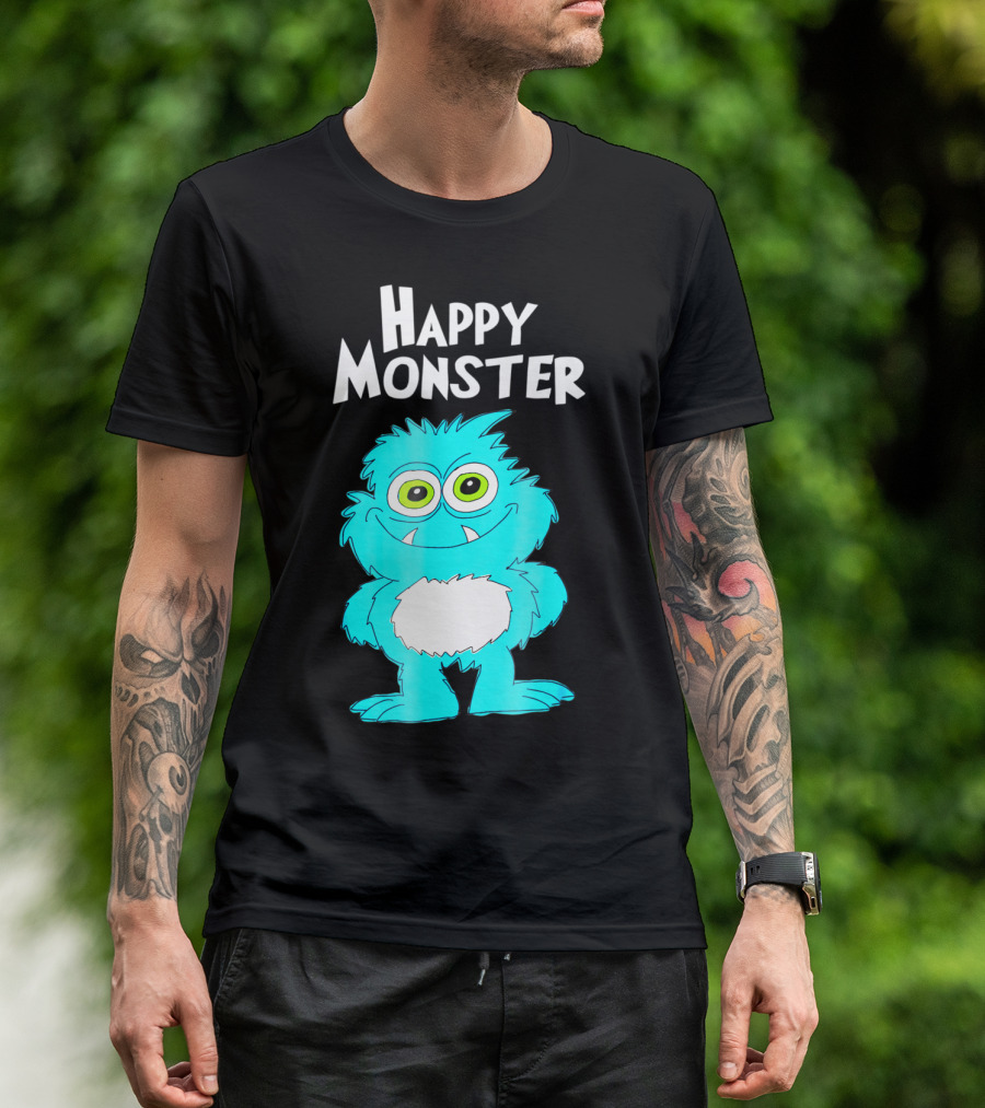 Happy Monster Funny Monster And Adults Vibrant Blue Cartoon Character T-Shirt