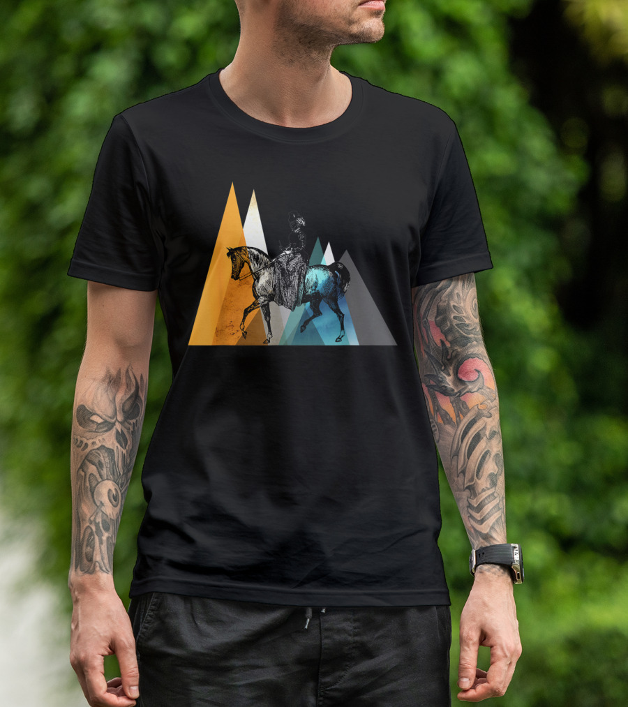 Horseback Riding Geometric Mountain Motif T-Shirt