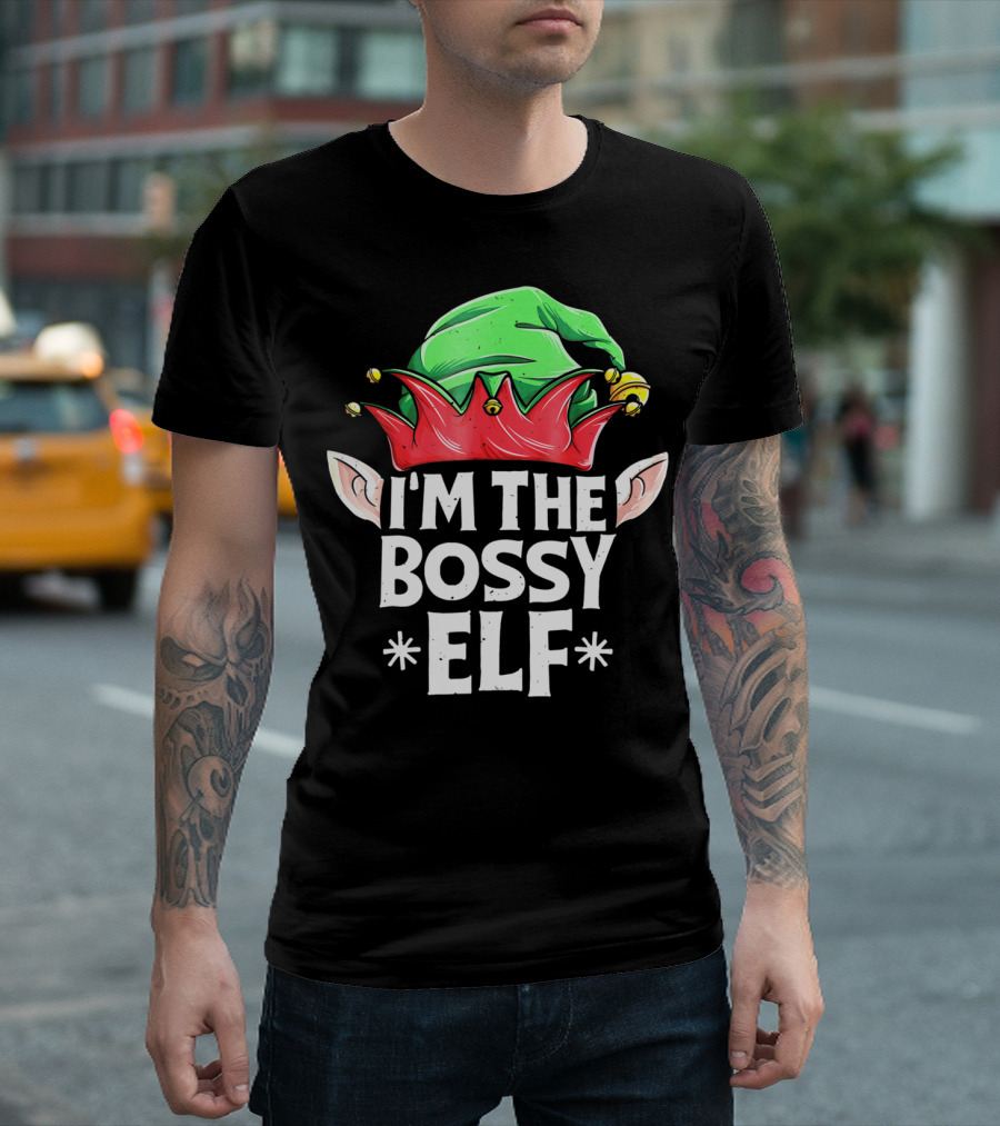 I'm the Bossy Elf Green and Red Jester Hat with Ears T-Shirt