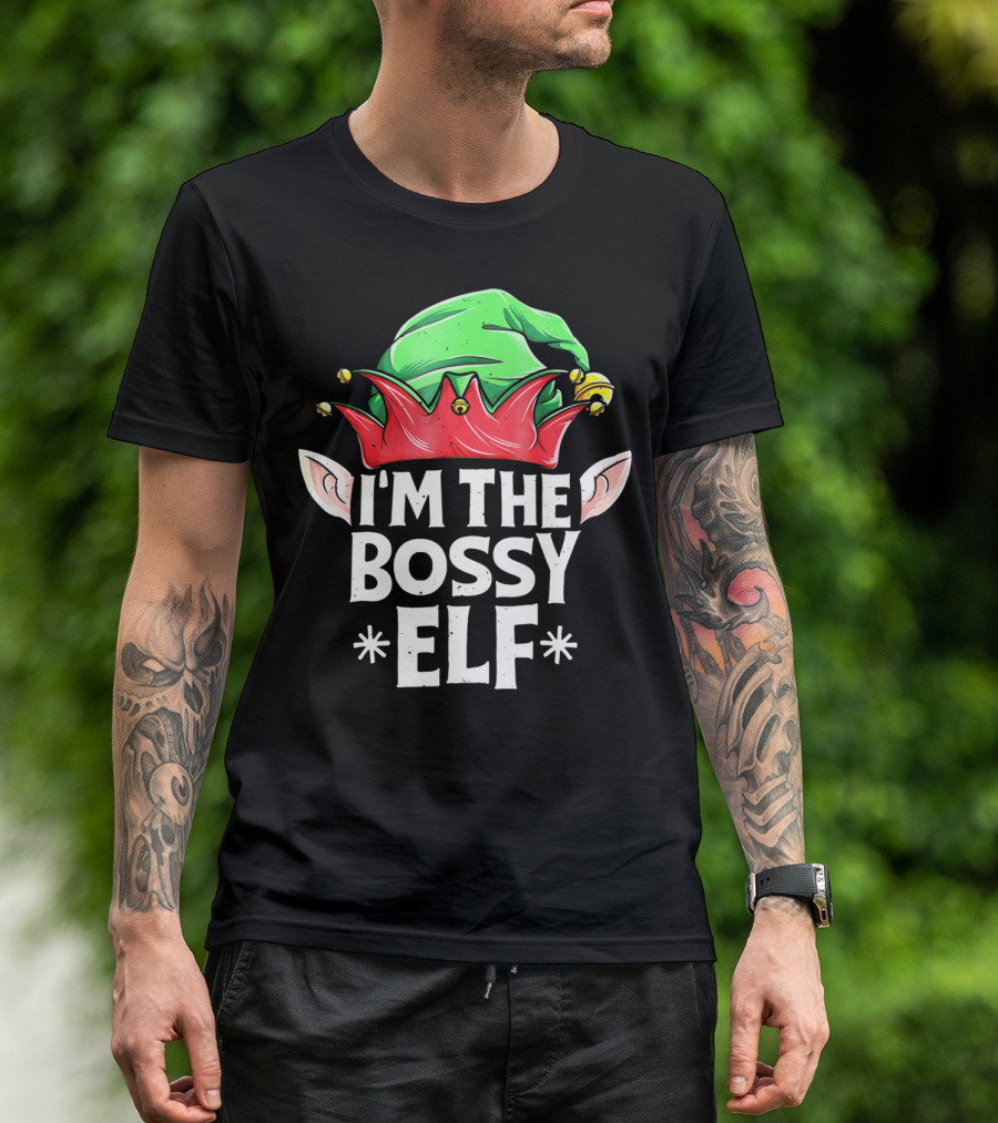 I'm The Bossy Elf Green And Red Jester Hat With Ears T-Shirt