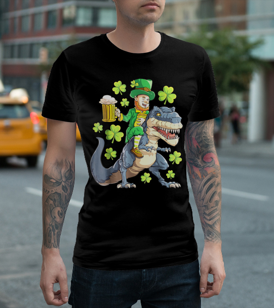 St Patricks Day Leprechaun Riding Dinosaur with Shamrocks and Beer T-Shirt