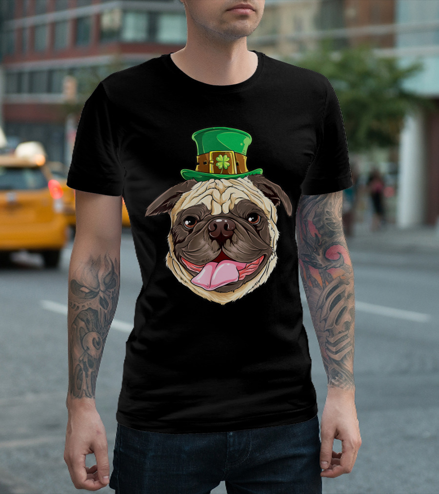 Irish Pug Wearing Leprechaun Hat With Shamrock T-Shirt