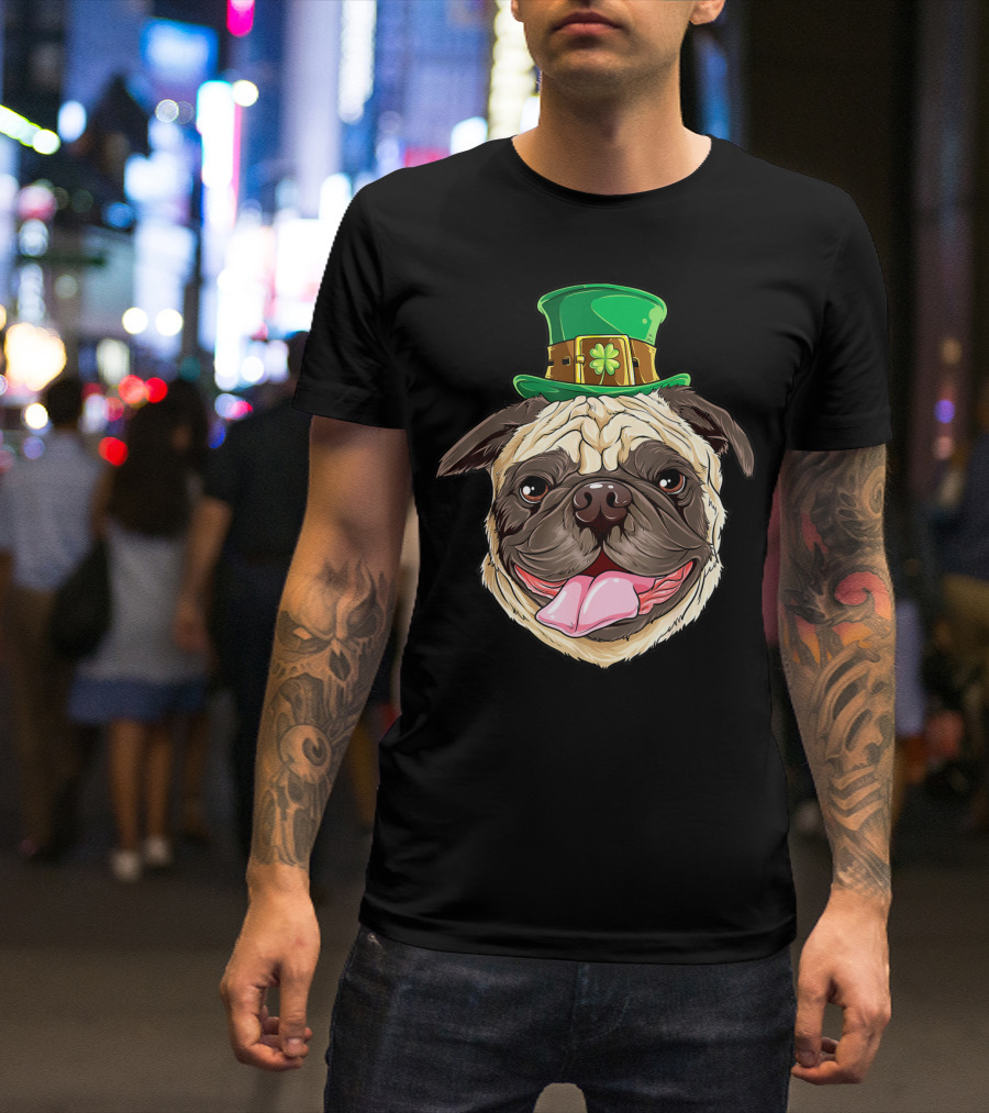 Irish Pug Wearing Leprechaun Hat With Shamrock T-Shirt