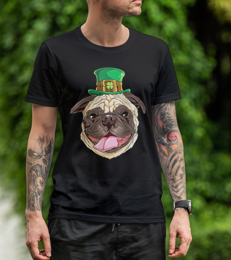 Irish Pug Wearing Leprechaun Hat With Shamrock T-Shirt