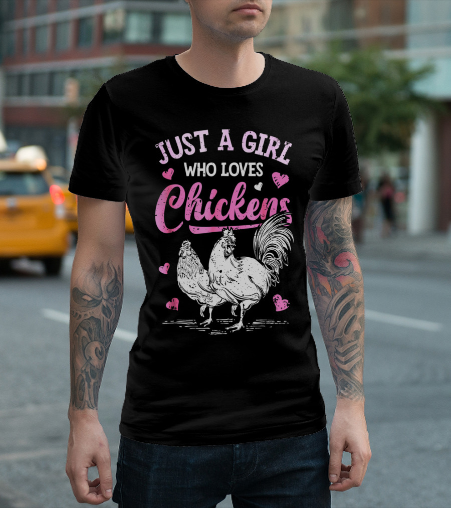 Just a Girl Who Loves Chickens with Heart Accents and Rooster Hen T-Shirt