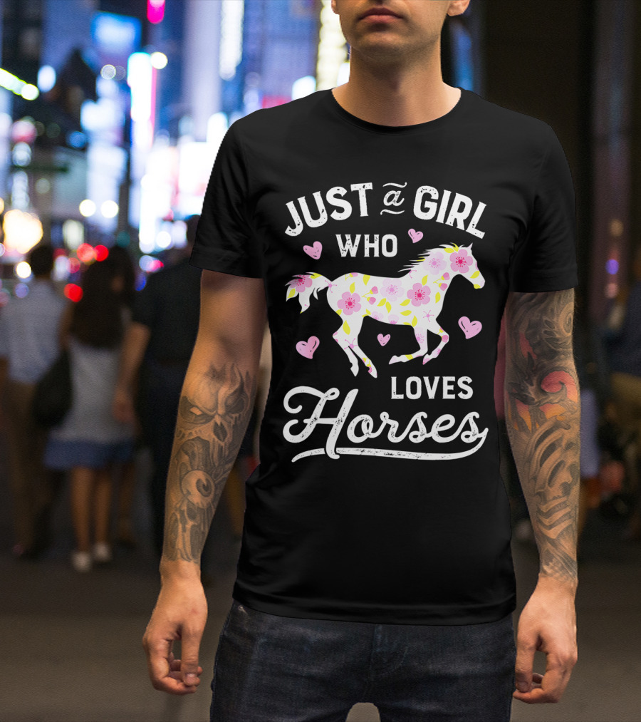 Just A Girl Who Loves Horses Floral Pattern Hearts T-Shirt