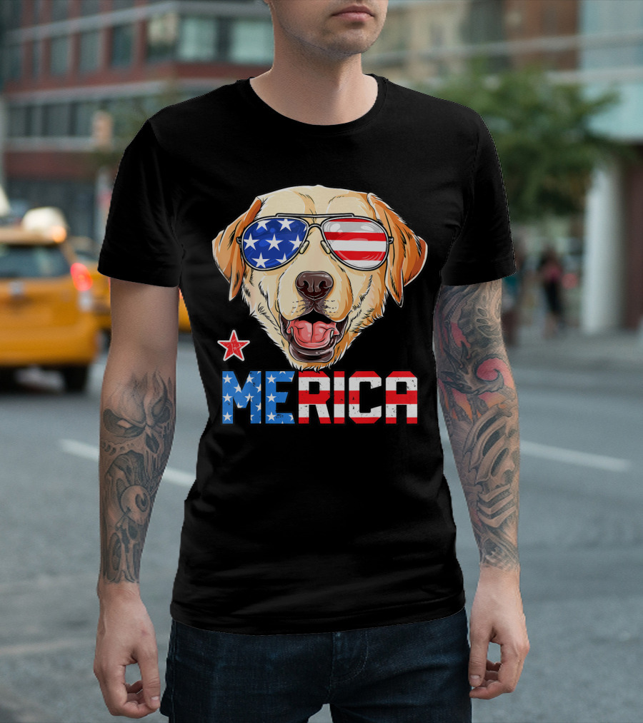 Labrador Dog Merica American Flag Sunglasses USA 4th of July T-Shirt