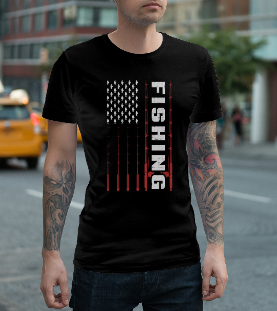 Fishing Flag Fishing Poles and Fish American T-Shirt