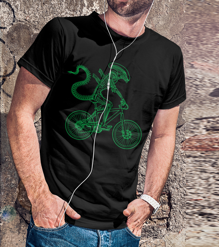 Alien Bicycle Rider Neon Green Xenomorph Outline T-Shirt