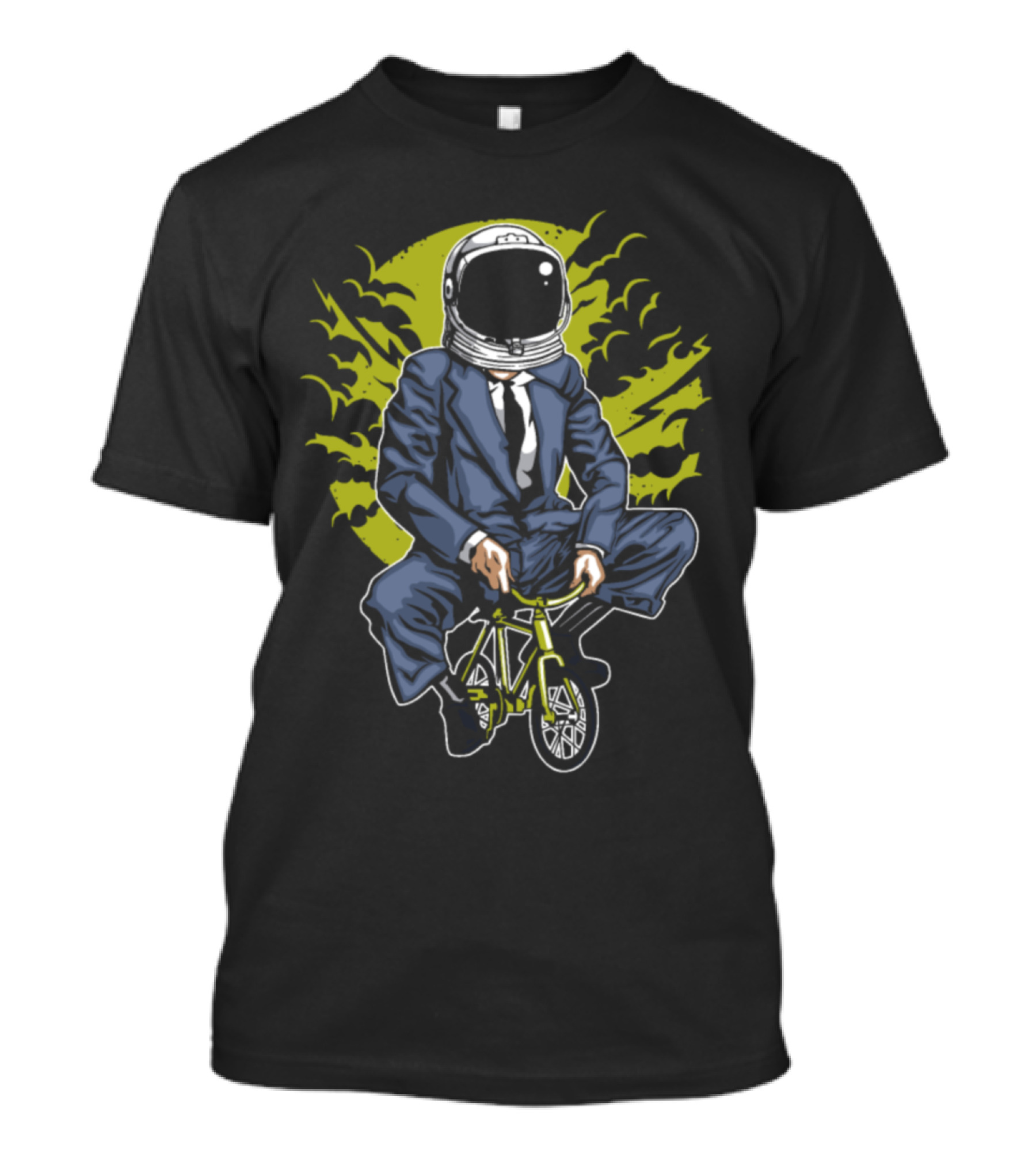 Astronaut In Business Suit Riding Mini Bike With Green Background And Stylized Sky Elements T-Shirt