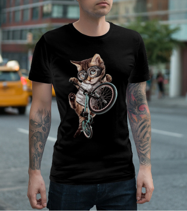 BMX Cat With Glasses Performing Trick On Bicycle T-Shirt