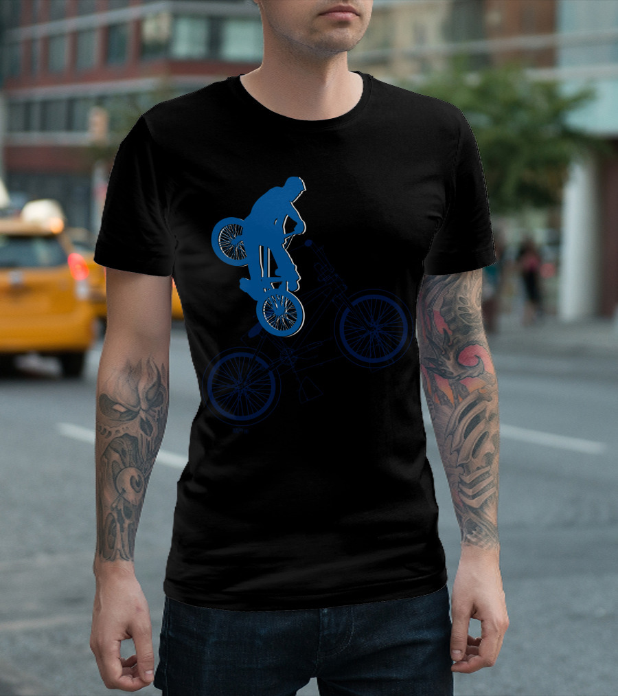 BMX Rider Blue Silhouette with Detailed Bike Blueprint T-Shirt