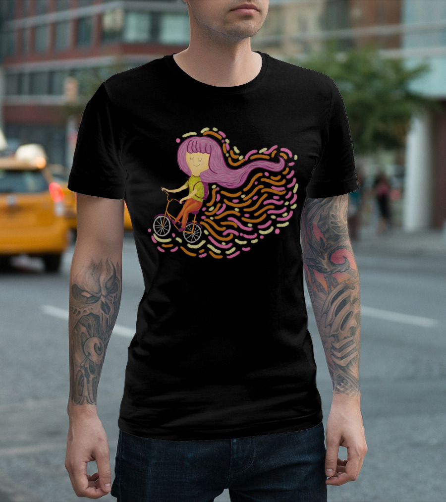 Claire Riding Bicycle With Flowing Pink Hair And Colorful Trails T-Shirt