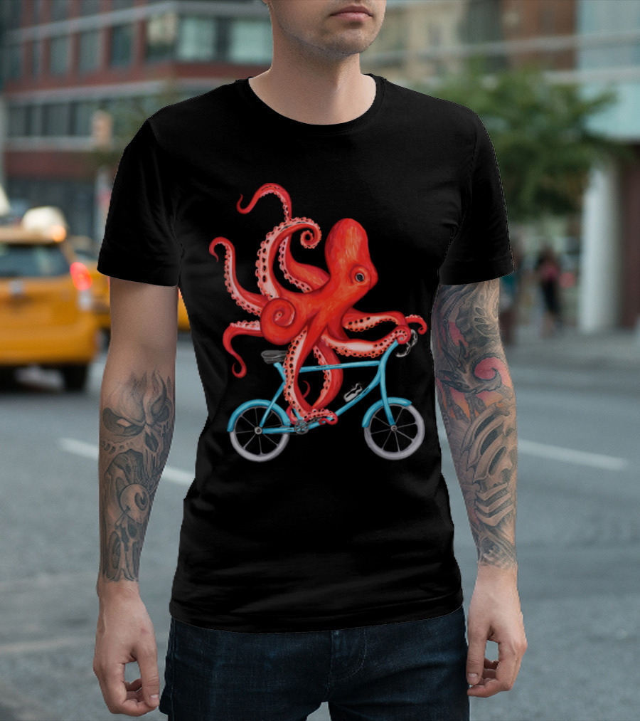 Cycling Octopus On Blue Bicycle T-Shirt