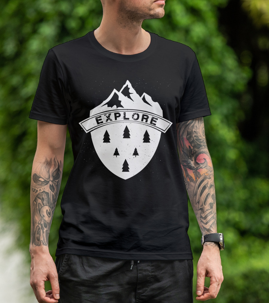 Explore The Great Outdoors Mountains Trees Badge T-Shirt