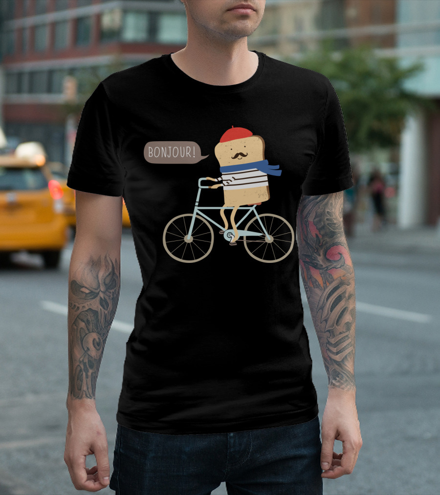 BONJOUR French Toast on Bicycle with Beret and Mustache T-Shirt