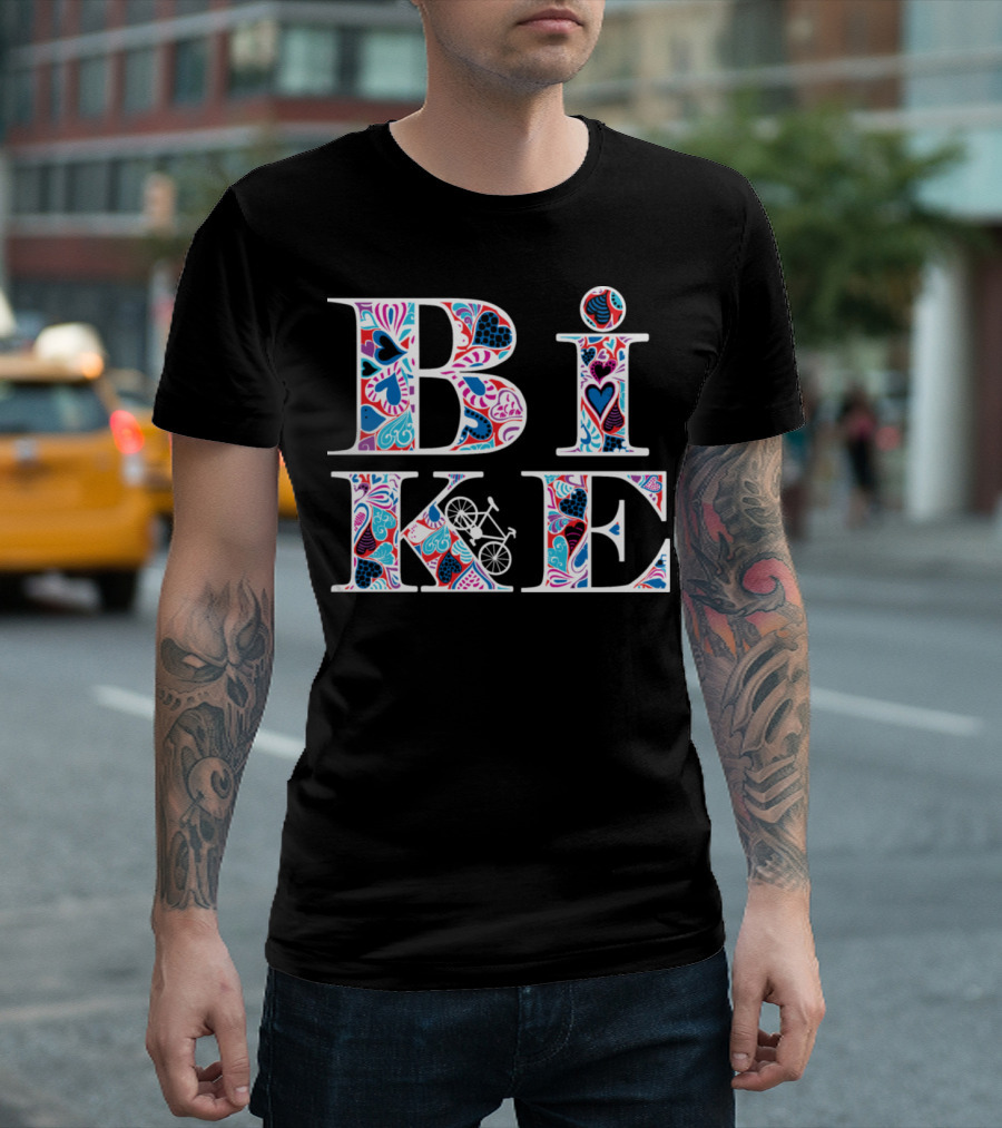 Heart Pattern Bike Typography T-Shirt