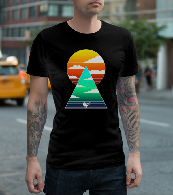 Sunset Mountain Biking Adventure In Geometric T-Shirt