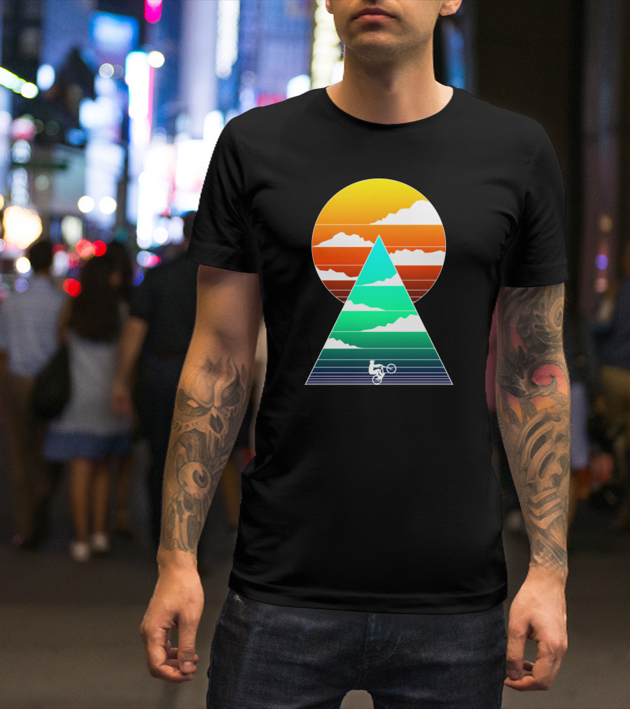 Sunset Mountain Biking Adventure In Geometric T-Shirt