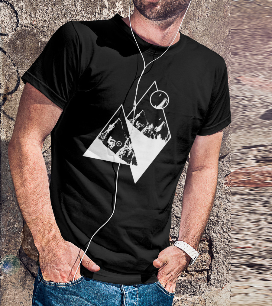 MTB Cyclist On White Mountain Peaks With Moon In Geometric T-Shirt