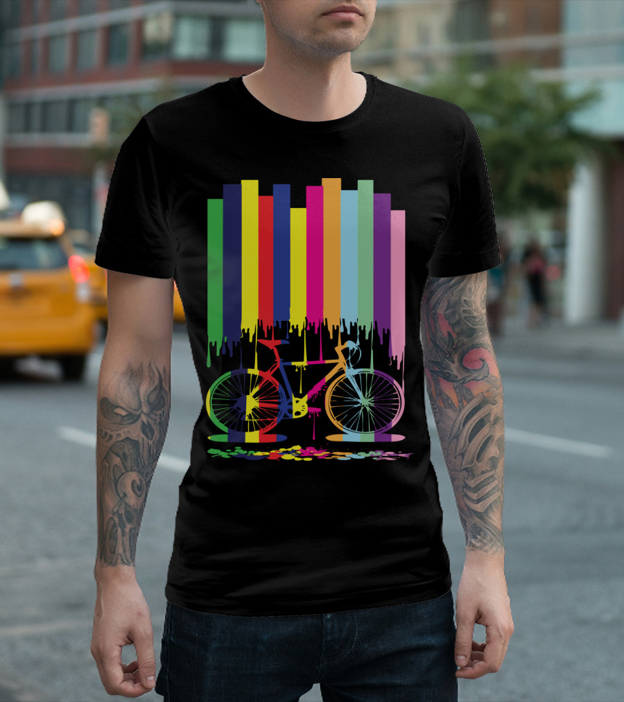 Rainbow Bicycle Dripping Paint Stripes T-Shirt