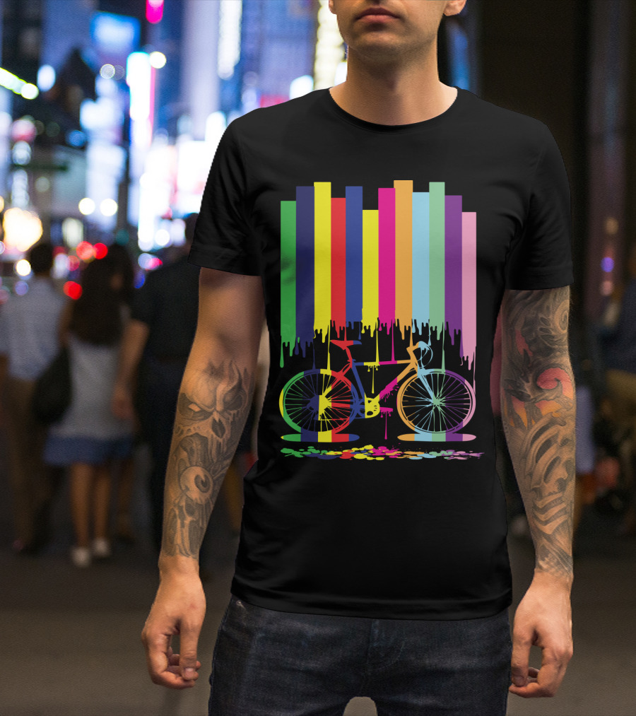 Rainbow Bicycle Dripping Paint Stripes T-Shirt