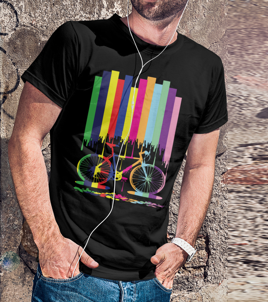 Rainbow Bicycle Dripping Paint Stripes T-Shirt