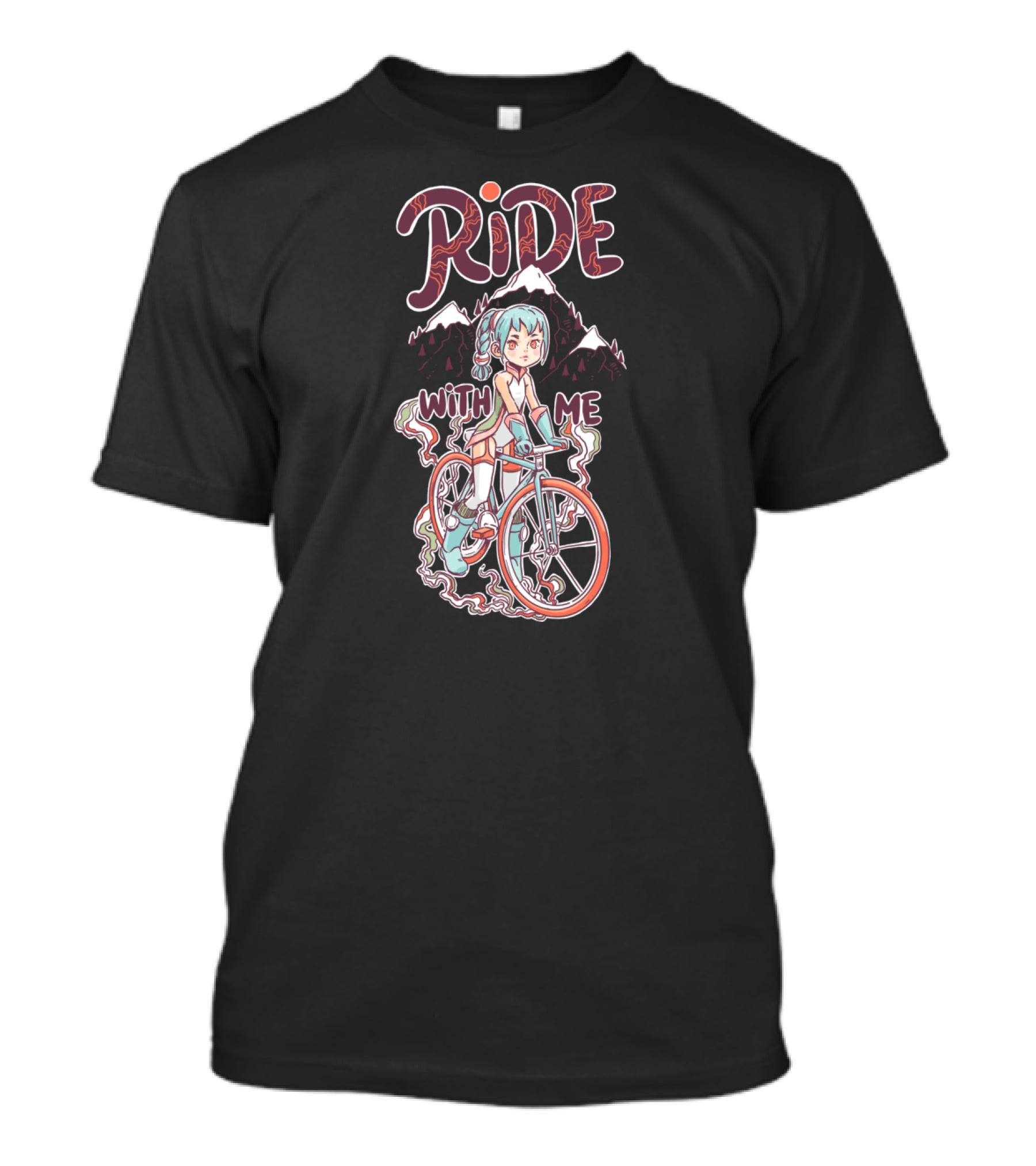 RIDE WITH ME Manga Style Biking Adventure With Blue-Haired Anime Character And Mountain Background T-Shirt