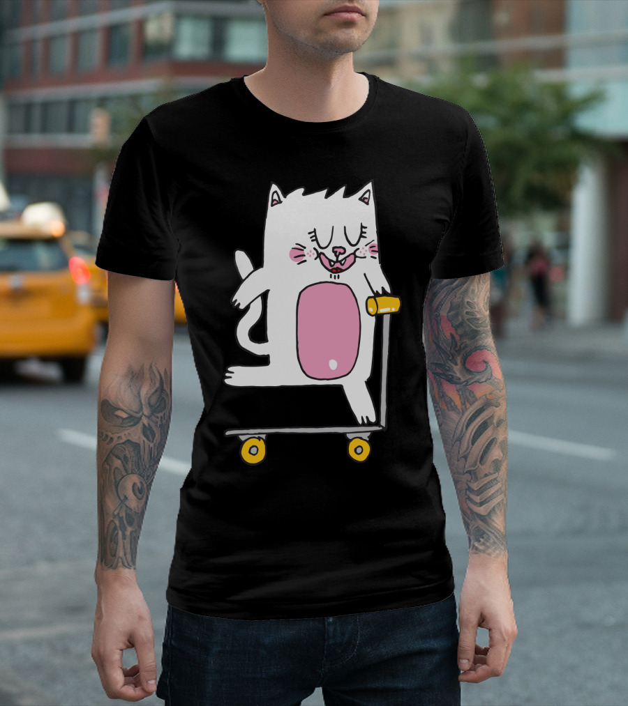 Riding the Scooter with Happy White Cat T-Shirt