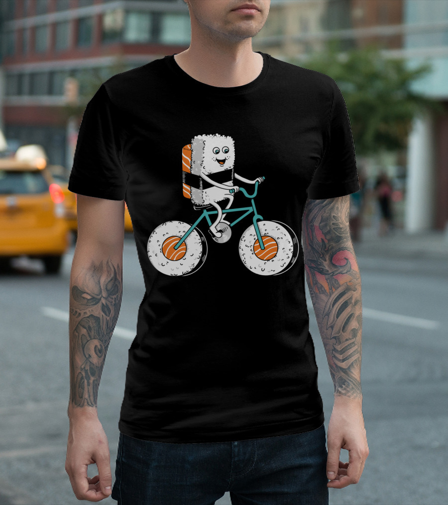 Sushi Roll On Bicycle With Sashimi Wheels T-Shirt