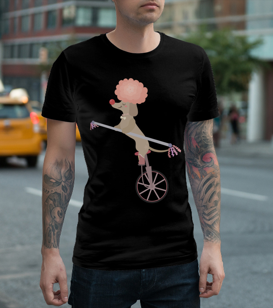 Unicycle Dog with Clown Wig and Red Nose Balancing on Wheel T-Shirt