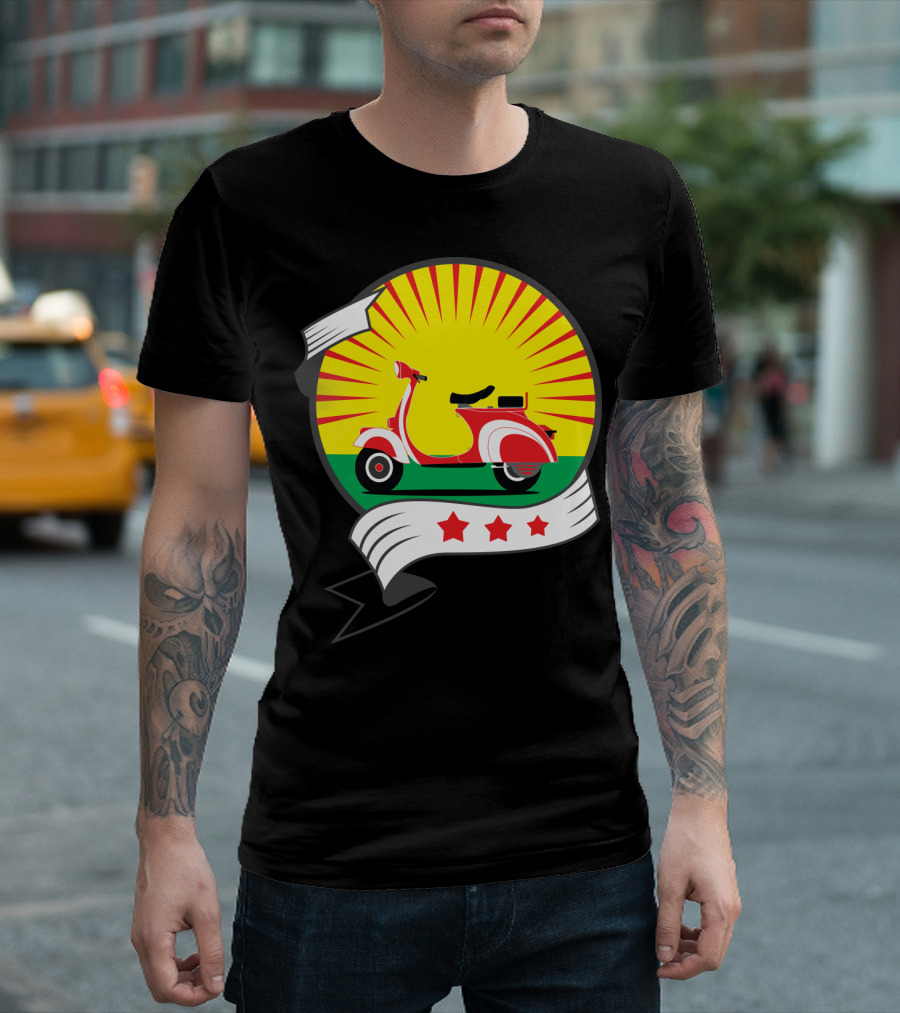 Vintage Red Scooter Sunburst Three Star Emblem T-Shirt
