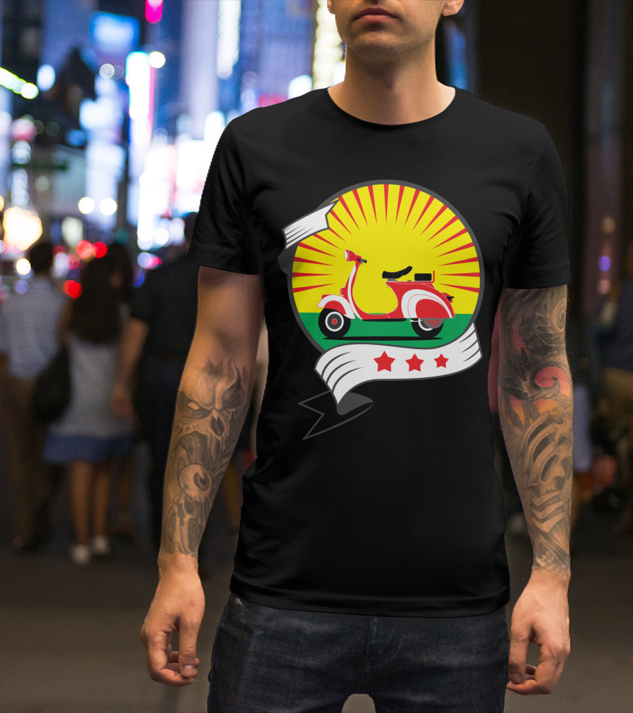 Vintage Red Scooter Sunburst Three Star Emblem T-Shirt