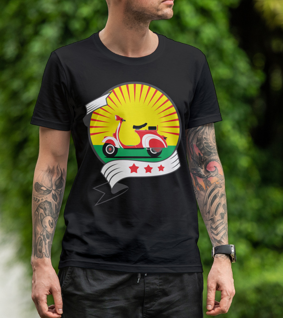 Vintage Red Scooter Sunburst Three Star Emblem T-Shirt