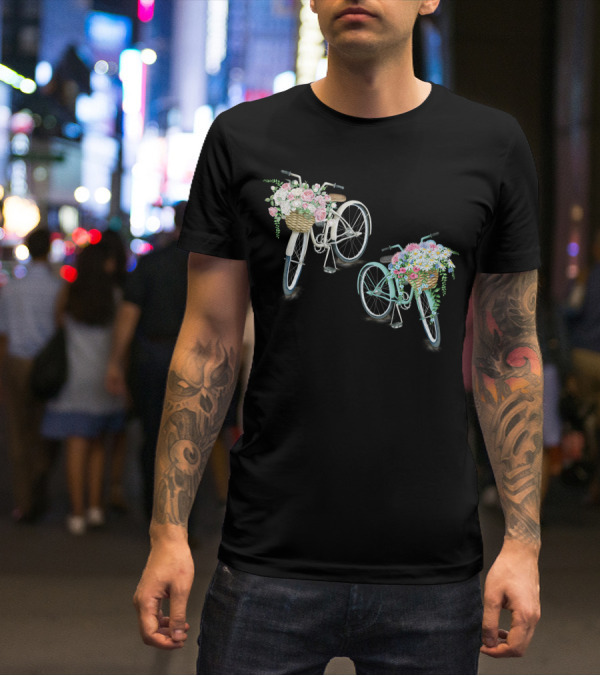 Vintage Bicycles With Flower Baskets Roses And Daisies T-Shirt
