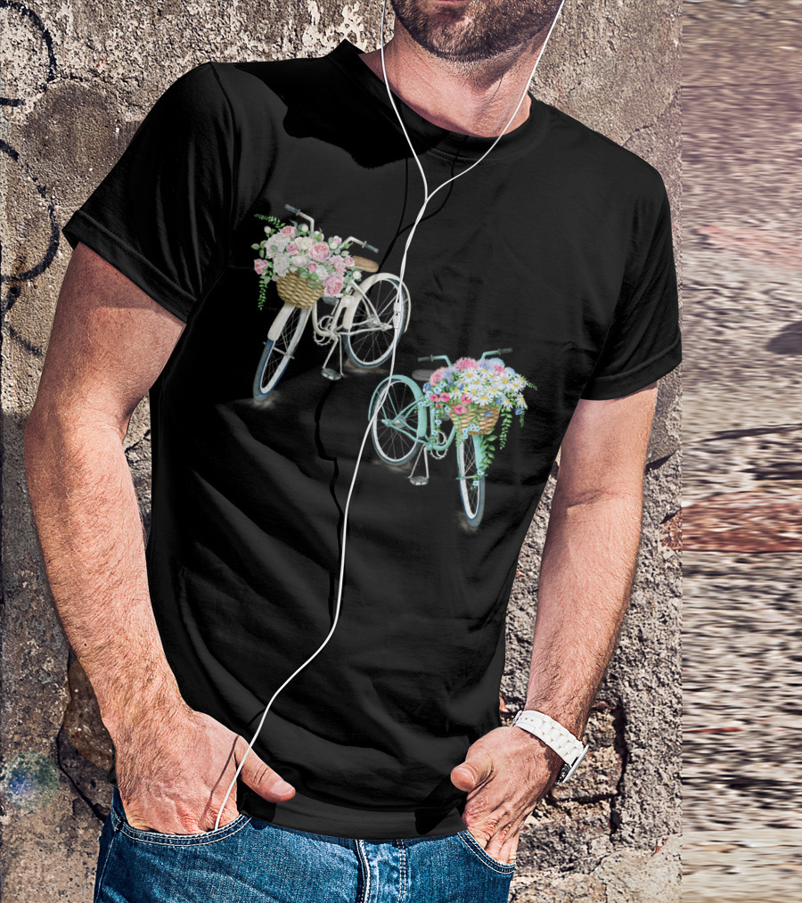 Vintage Bicycles With Flower Baskets Roses And Daisies T-Shirt