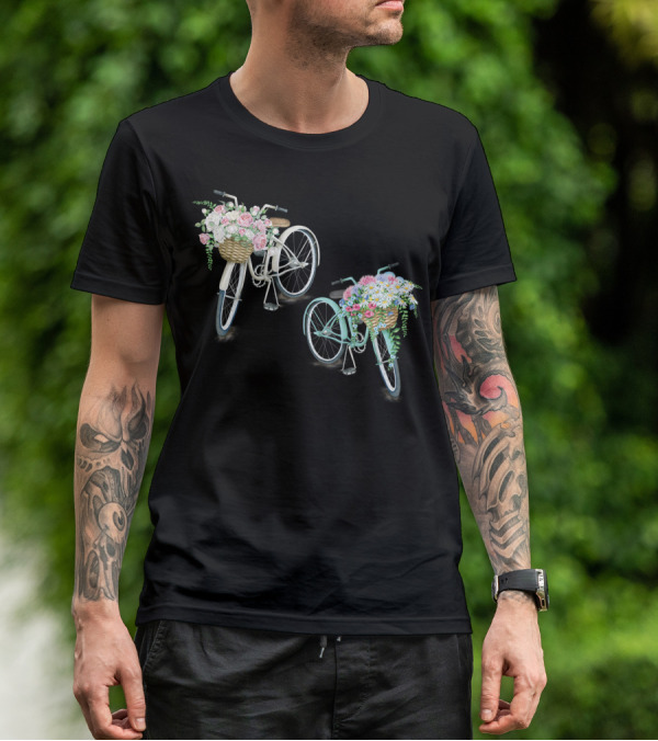Vintage Bicycles With Flower Baskets Roses And Daisies T-Shirt