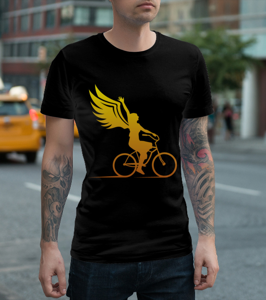 Women Riding Bike with Angel Wings T-Shirt
