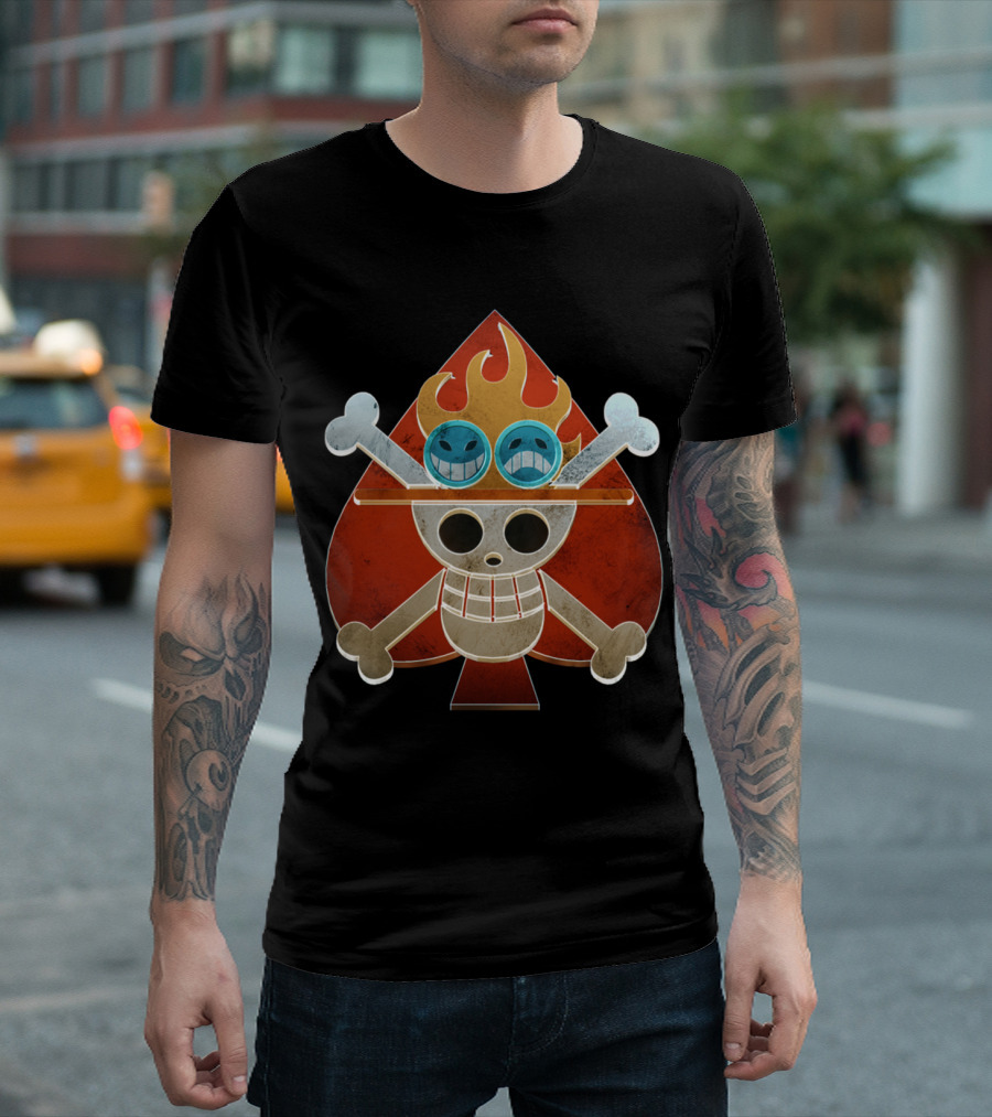 Ace One Piece Spade Pirates Jolly Roger Flame Hat T-Shirt
