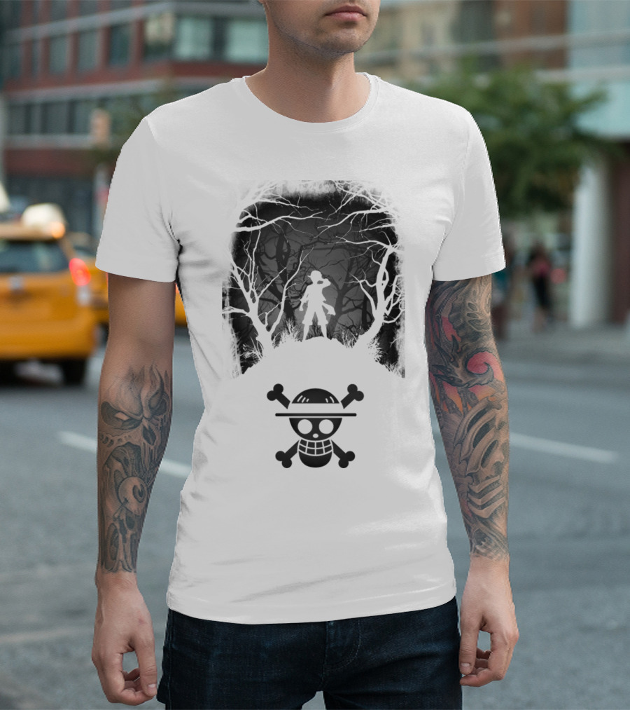 Luffy Silhouette in the Woods With Straw Hat Pirate Skull T-Shirt