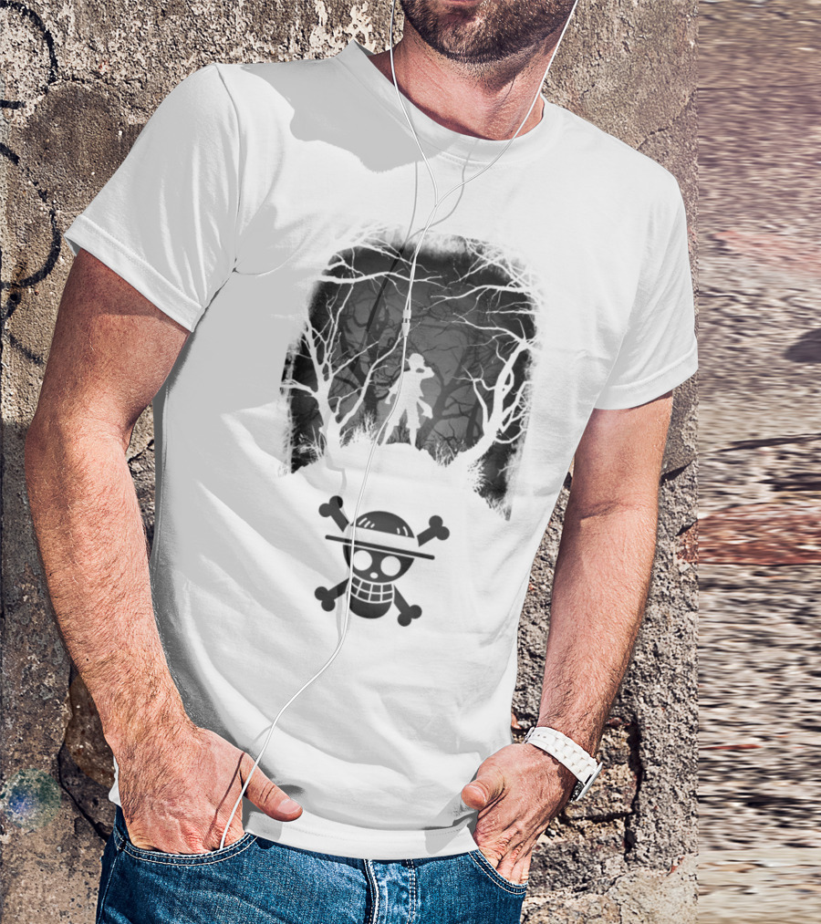 Luffy Silhouette In The Woods With Straw Hat Pirate Skull T-Shirt
