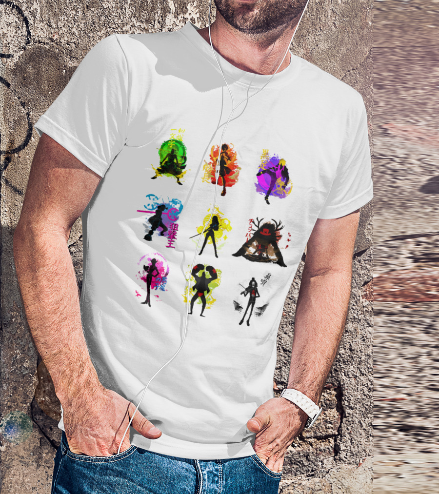 Anime Pirates Straw Hat Crew Silhouettes Japanese Text Colors T-Shirt