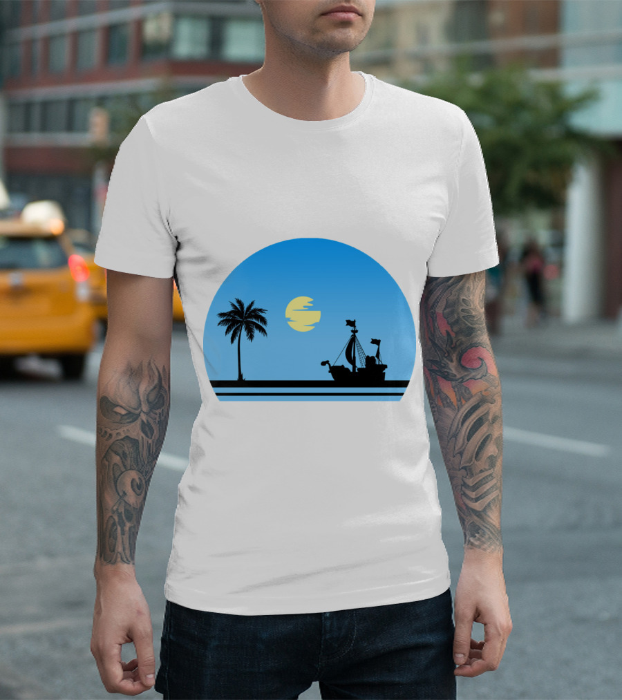 Going Merry Ship Silhouette Sunrise with Palm Tree and Sun T-Shirt