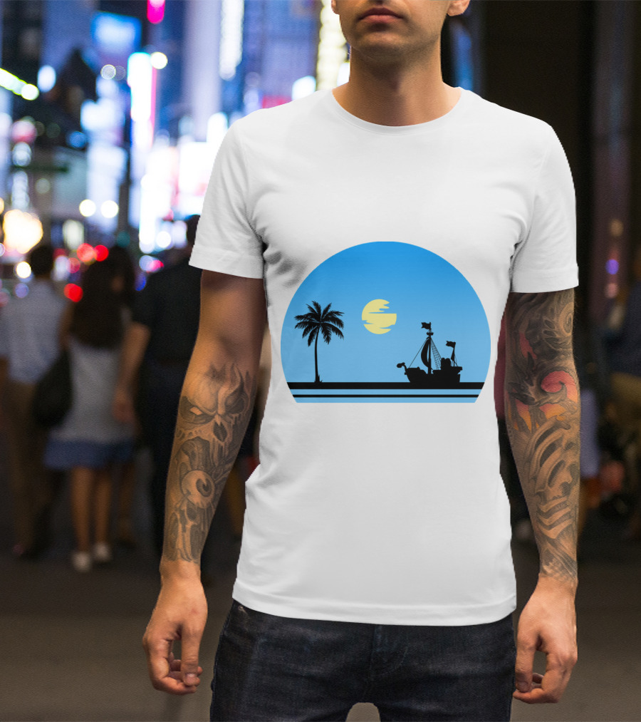 Going Merry Ship Silhouette Sunrise With Palm Tree And Sun T-Shirt