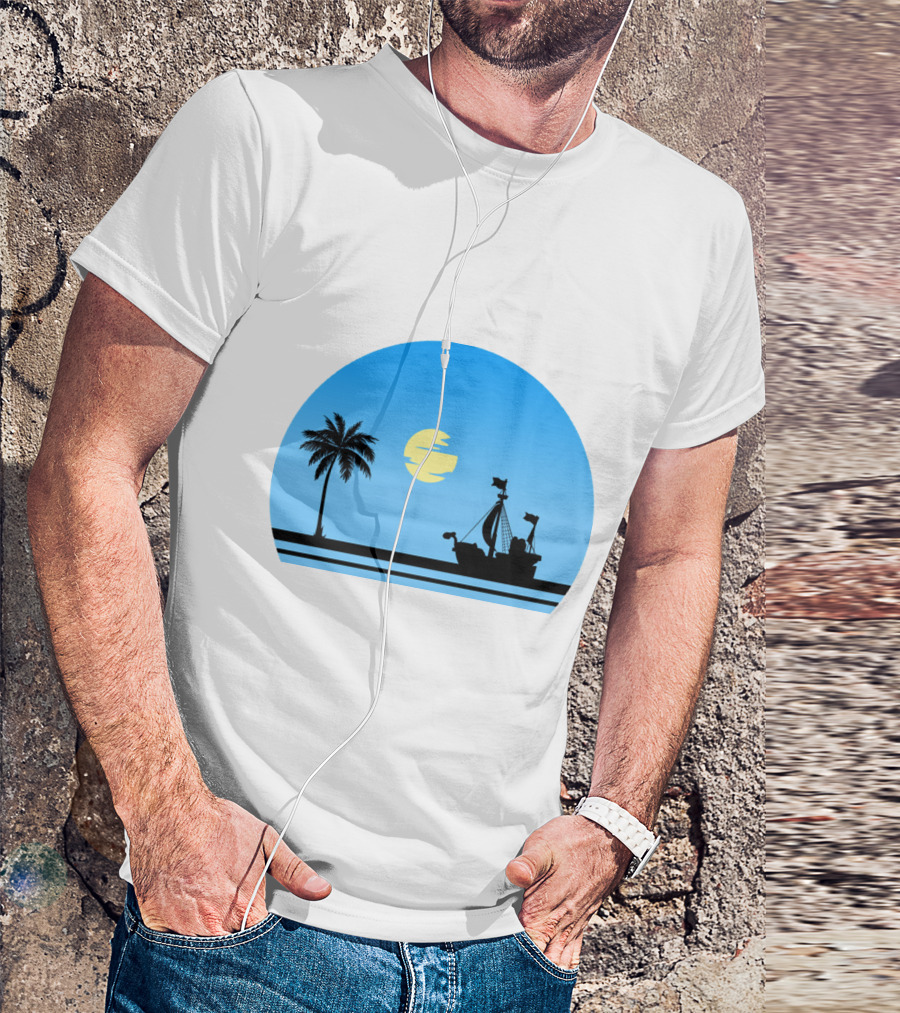 Going Merry Ship Silhouette Sunrise With Palm Tree And Sun T-Shirt
