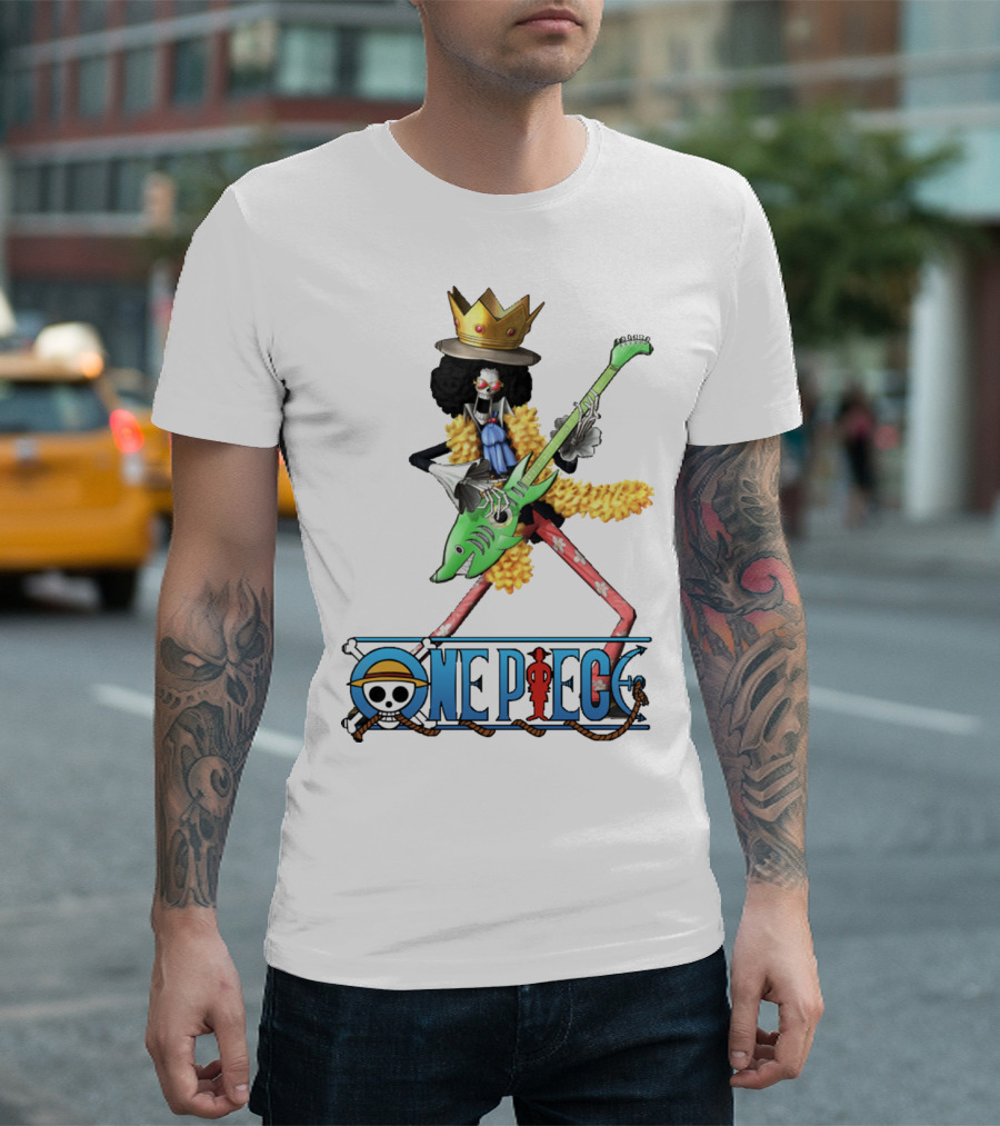 One Piece Brook Playing Guitar with Crown and Yellow Feather Boa T-Shirt
