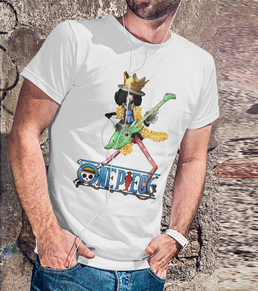 One Piece Brook Playing Guitar With Crown And Yellow Feather Boa T-Shirt