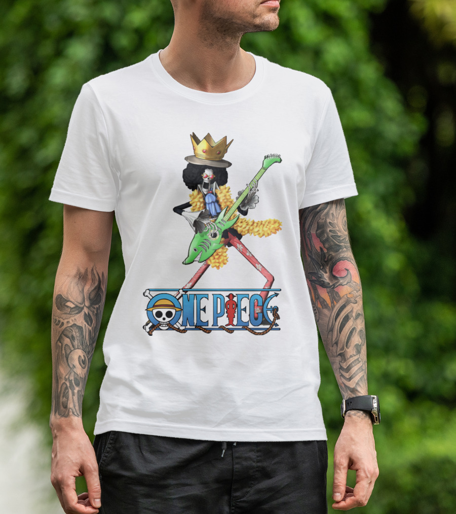 One Piece Brook Playing Guitar With Crown And Yellow Feather Boa T-Shirt