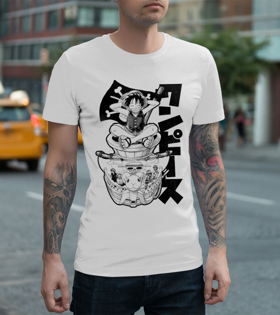 Luffy on Going Merry with Straw Hat Pirates Crew and Jolly Roger Flag T-Shirt