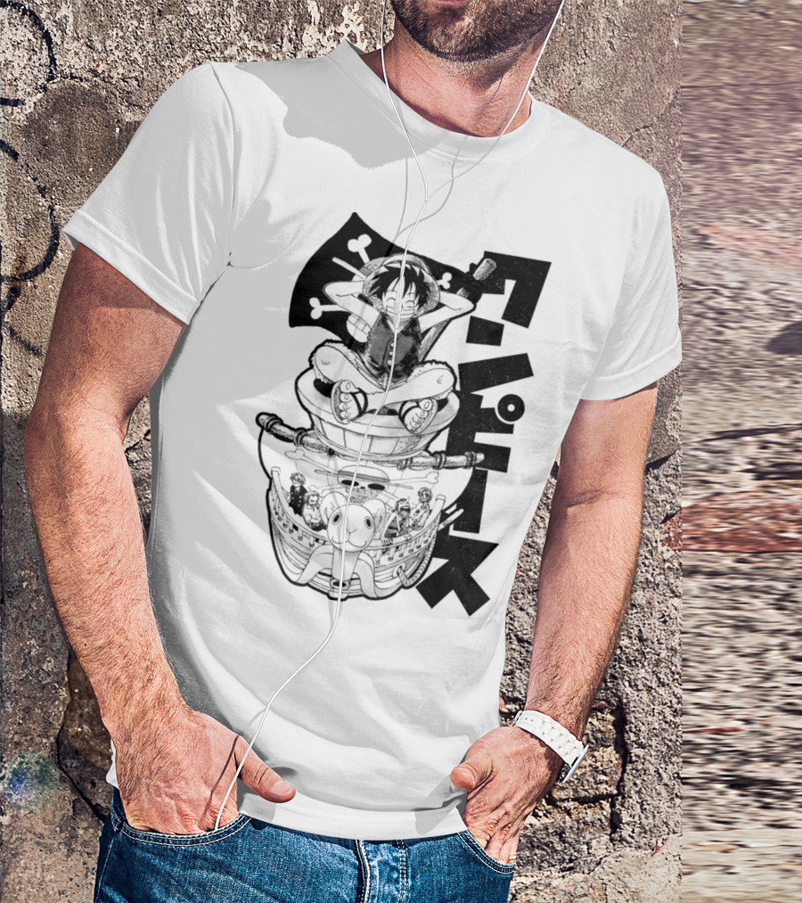 Luffy On Going Merry With Straw Hat Pirates Crew And Jolly Roger Flag T-Shirt